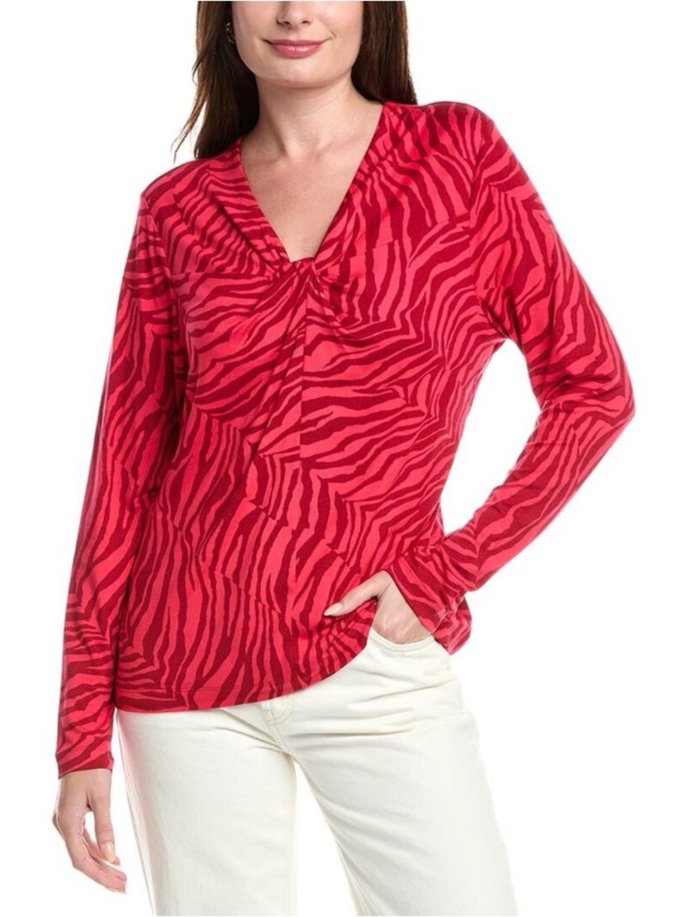 CAbi Red Zebra-Print V-Neck Long Sleeve Top